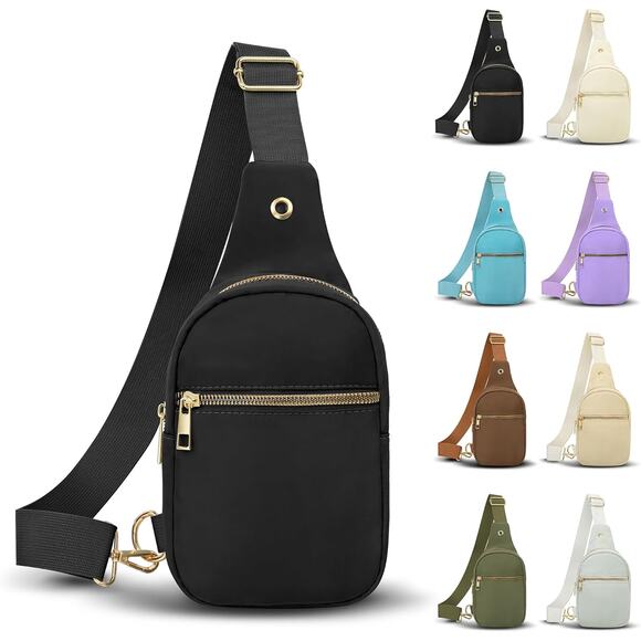 3 For $15 black Sling Crossbody Bag w/ Gold Zippers – Minimalist & Lightweight - Picture 1 of 5